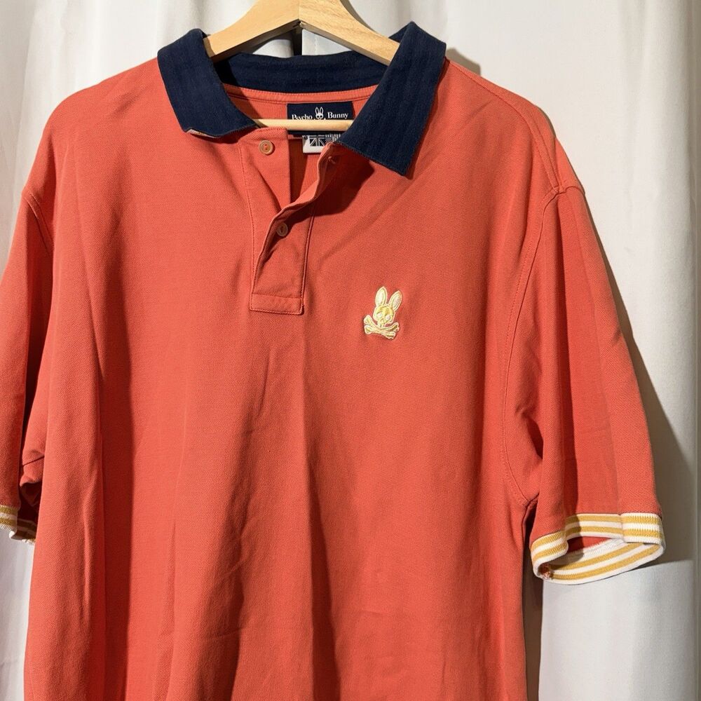 Psycho Bunny Men Orange/Coral‎ 100% Pima Cotton Short Sleeve Polo Shirt 8 Logo